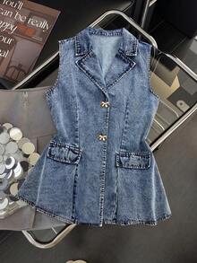 GlowEve Women's Metal Bow Button Design Casual Vest Denim Jacket - Blue - View 3