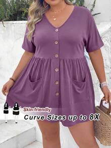 SHEIN CURVE+ 加大码前扣双口袋短袖夏季休闲T恤 - 紫色 - 查看 1