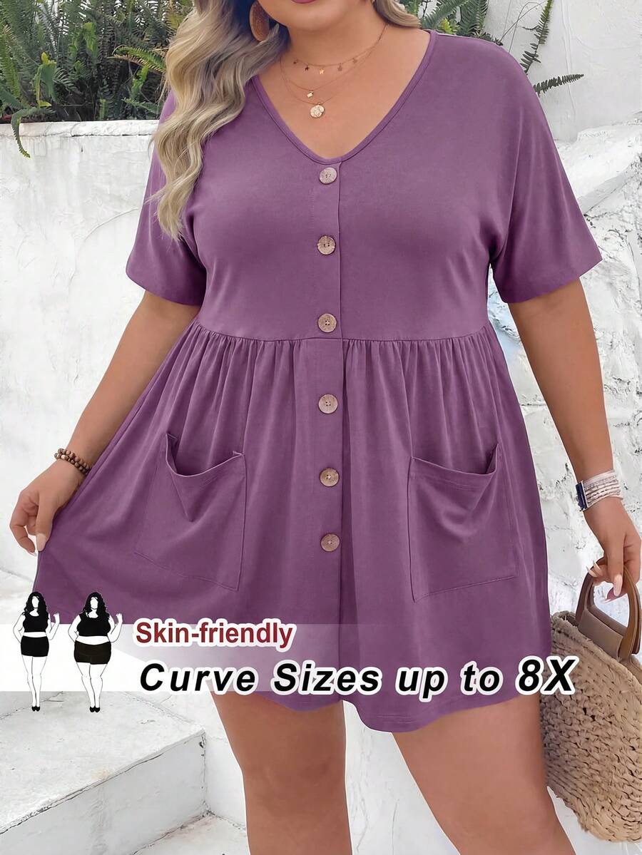 SHEIN CURVE+ 加大码前扣双口袋短袖夏季休闲T恤 - 紫色 - 查看 1