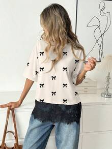 Easowa 女士混纺T恤，优雅蕾丝下摆，短袖休闲圆领上衣，舒适T恤，蕾丝饰边，时尚短袖圆领衬衫 - 彩色 - 查看 4