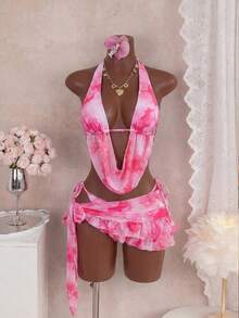 Bellisia 女士最新时尚潮流粉色甜美沙滩装，垂领沙滩连衣裙，三角包，荷叶边不规则层叠蛋糕裙泳衣三件套，春夏秋三季 - 彩色 - 查看 2