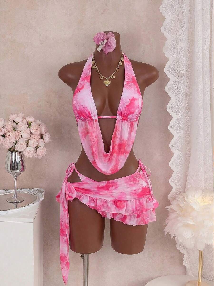 Bellisia Bộ đồ đi biển màu hồng ngọt ngào hợp xu hướng mới nhất dành cho nữ, gồm váy đi biển cổ xếp ly, túi tam giác và áo tắm 3 mảnh với chân váy xếp tầng không đều, thích hợp cho mùa xuân/hè/thu. - Nhiều màu - Xem 1