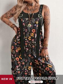 SHEIN Tall CURVE Grunge 复古撞色口袋个性化街头度假学院印花高个加大码女式连体裤 - 彩色 - 查看 1
