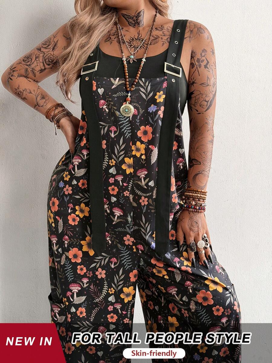 SHEIN Tall CURVE Grunge 复古撞色口袋个性化街头度假学院印花高个加大码女式连体裤 - 彩色 - 查看 1