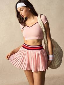 VARSIVA Women's Cropped Top With Contrast Striped Pleated Mini Skirt Pants Sports Suit - Multicolor - View 10