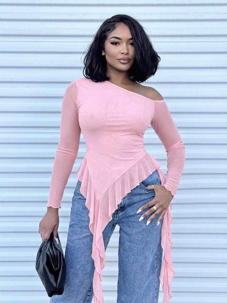 Alexandranx Romantic Spring Asymmetric Jellyfish Ribbon Ruffled Hem Asymmetrical Sloping Shoulder Short Sleeve Solid Color Tight Elastic See-Through Mesh Women's T-Shirt Pink Long Sleeve Top - Pink - View 1