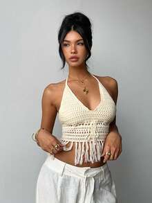 Aloruh Áo vest nữ mùa hè mới về, màu mơ nhạt, thanh lịch, gợi cảm, dễ thương, tối giản, thích hợp cho kỳ nghỉ biển, hẹn hò lãng mạn, dự tiệc tối, kiểu cổ yếm, khoét rỗng, có tua rua. - Màu be - Xem 4