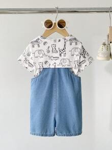 SHEIN Playful Pals 男婴休闲百搭舒适套装，包含一件披肩领条纹短袖T恤和一条可调节牛仔背带裤，适合通勤、上学、度假、运动、春夏季节穿着，尺码6个月至3岁，儿童服装，婴儿服装，幼儿T恤，幼儿背带裤 - 白色 - 查看 2