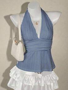 SHEIN ICON Halter Deep V-Neck Cinched Waist A-Line Backless Camisole - Navy Blue - View 1