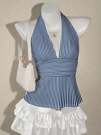 SHEIN ICON Halter Deep V-Neck Cinched Waist A-Line Backless Camisole