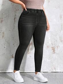 EMERY ROSE Plus Size Slim Fit Washed Slant Pocket Jeans Elegant - Black - View 1