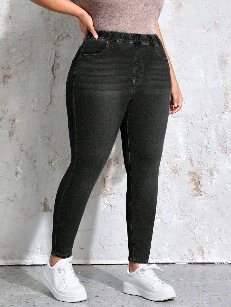 EMERY ROSE Plus Size Slim Fit Washed Slant Pocket Jeans Elegant - Black - View 1