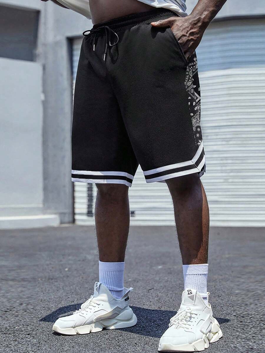 Manfinity Campus Court Plus Size Men's Slant Pocket Striped Print Drawstring Waist Shorts - Black - View 1