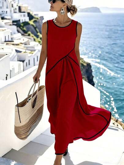 SHEIN Holidaya Women's Elegant Vacation Casual Round Neck Sleeveless Black Patchwork Loose Summer Solid Apricot Dress