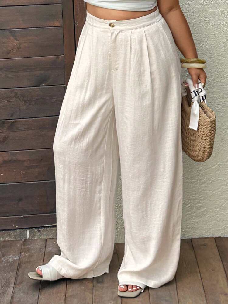 Dazy Plus Plus Size Women's Loose Pocket Casual Wide Leg Pants, Apricot Color, Suitable For All Seasons