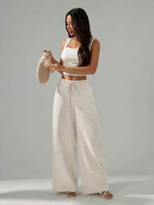 SHEIN PETITE 女士纯色亚麻系带阔腿口袋纹理通勤裤复古风格亚麻裤宽松夏季女装沙滩度假装女裤 - 杏色 - 查看 5