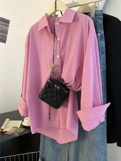 Camisa larga de mujer de manga larga,tejido texturizado,holgada, con hombros caídos y de unicolor, apta para todas las estaciones