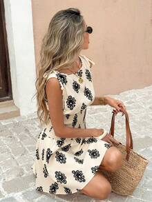 Pariaura Women's Summer New Vacation Retro Print Cinched Waist Bowknot Sleeveless Short Dress - Apricot - View 6