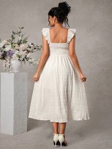 Momance White Elegant Maternity Summer Dress For Photoshoot,Pregnant Women Solid Color Shirred Ruffle Hem Casual Holiday Pregnancy Picnic Dress,Classic - White - View 6