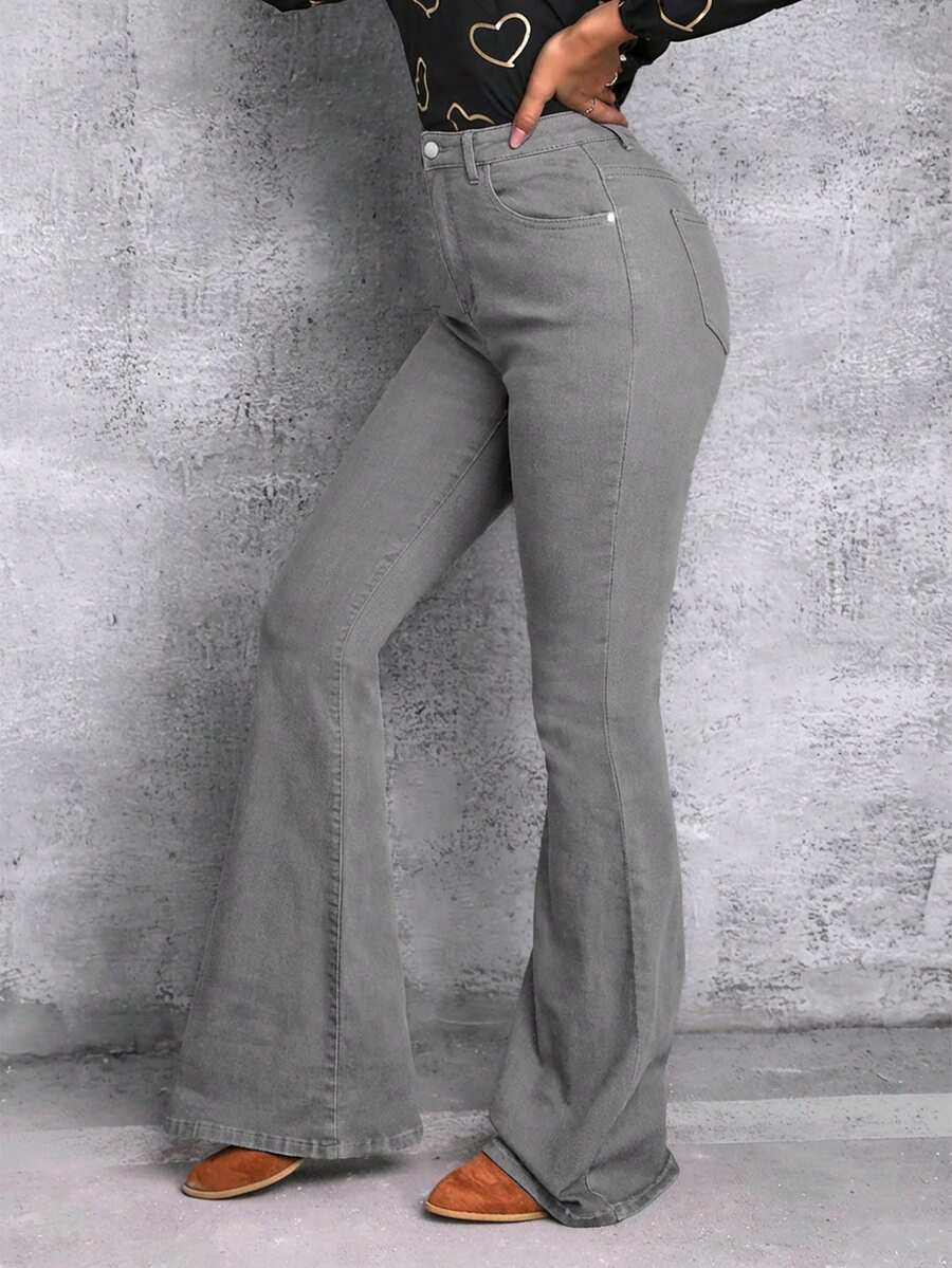 SHEIN Tall Jeans en denim évasé avec poches pour femmes - Gris pâle - Voir 1
