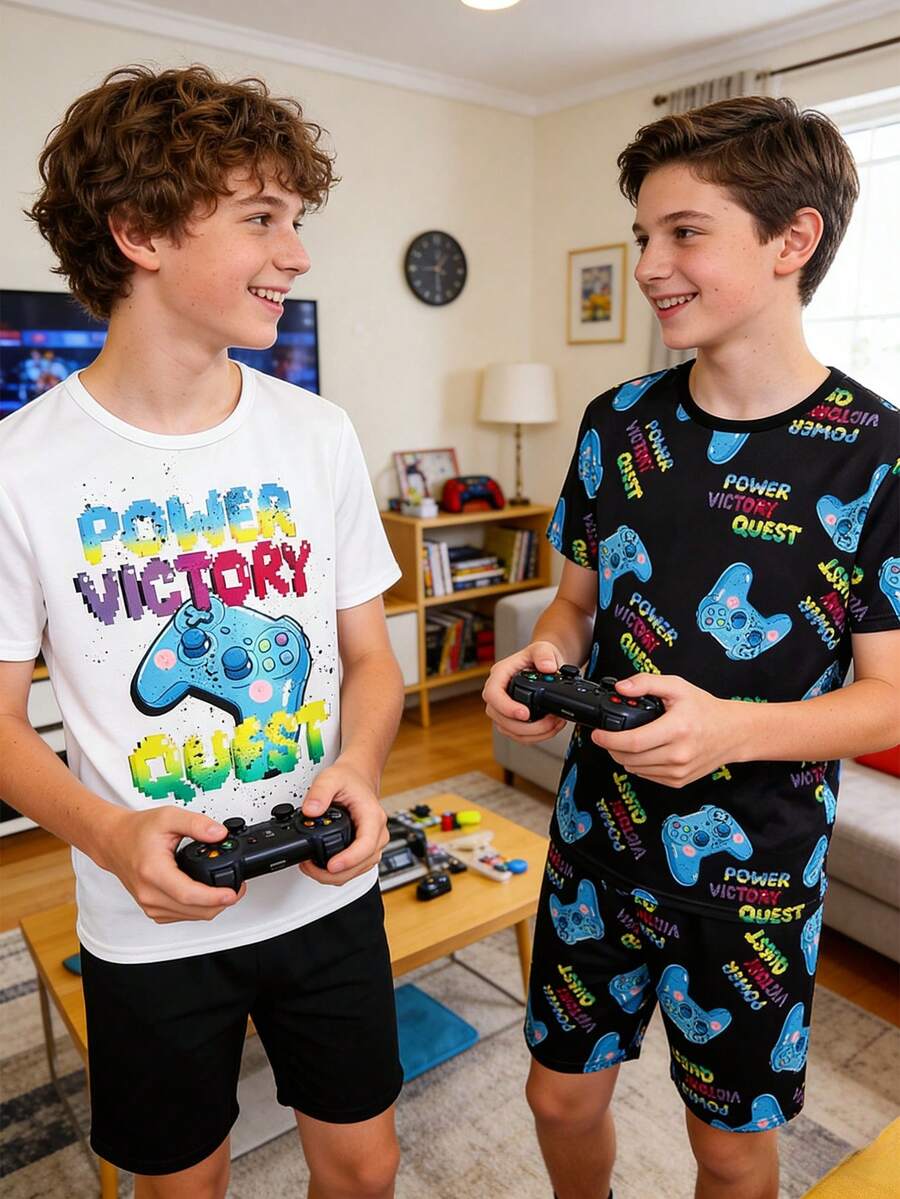 2pcs/Set Tween BoyLetter & Gaming Console Graphic Short Sleeve T-Shirt & Shorts Snug Fit Loungewear Set Snug Fit - Multicolor - View 1