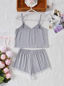 SHEIN 女童睡衣套装，优雅蕾丝拼接条纹印花面料，吊带蝴蝶结上衣搭配短裤，夏季舒适家居服 - 灰色 - 查看 2