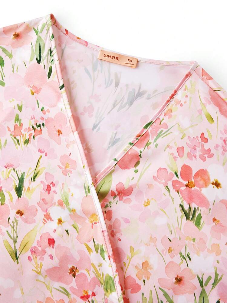 Plus Size Women's Summer Airy Floral Satin Robe