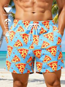 Manfinity Swimmode Men's Pizza Print Drawstring Waist Pocket Beach Shorts - Blue - View 1