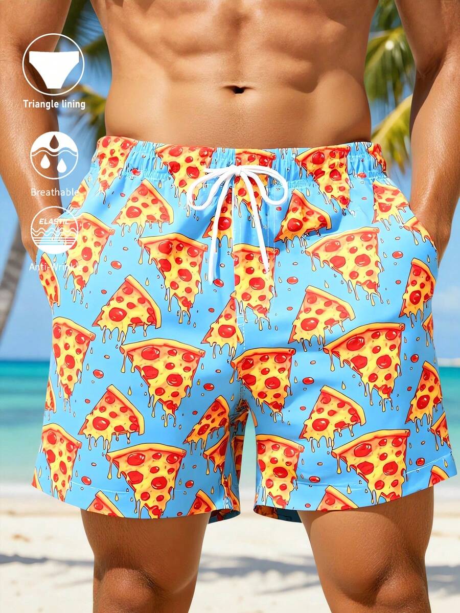 Manfinity Swimmode Men's Pizza Print Drawstring Waist Pocket Beach Shorts - Blue - View 1