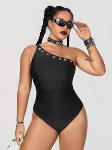 ROMWE Goth Traje de baño de una pieza de unicolor talla grande - Negro - Ver 5