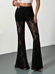 SHEIN Tall Quần ống loe ren nữ, kiểu dáng thường ngày đa năng, quần legging ống loe nữ. - màu đen - Xem 2