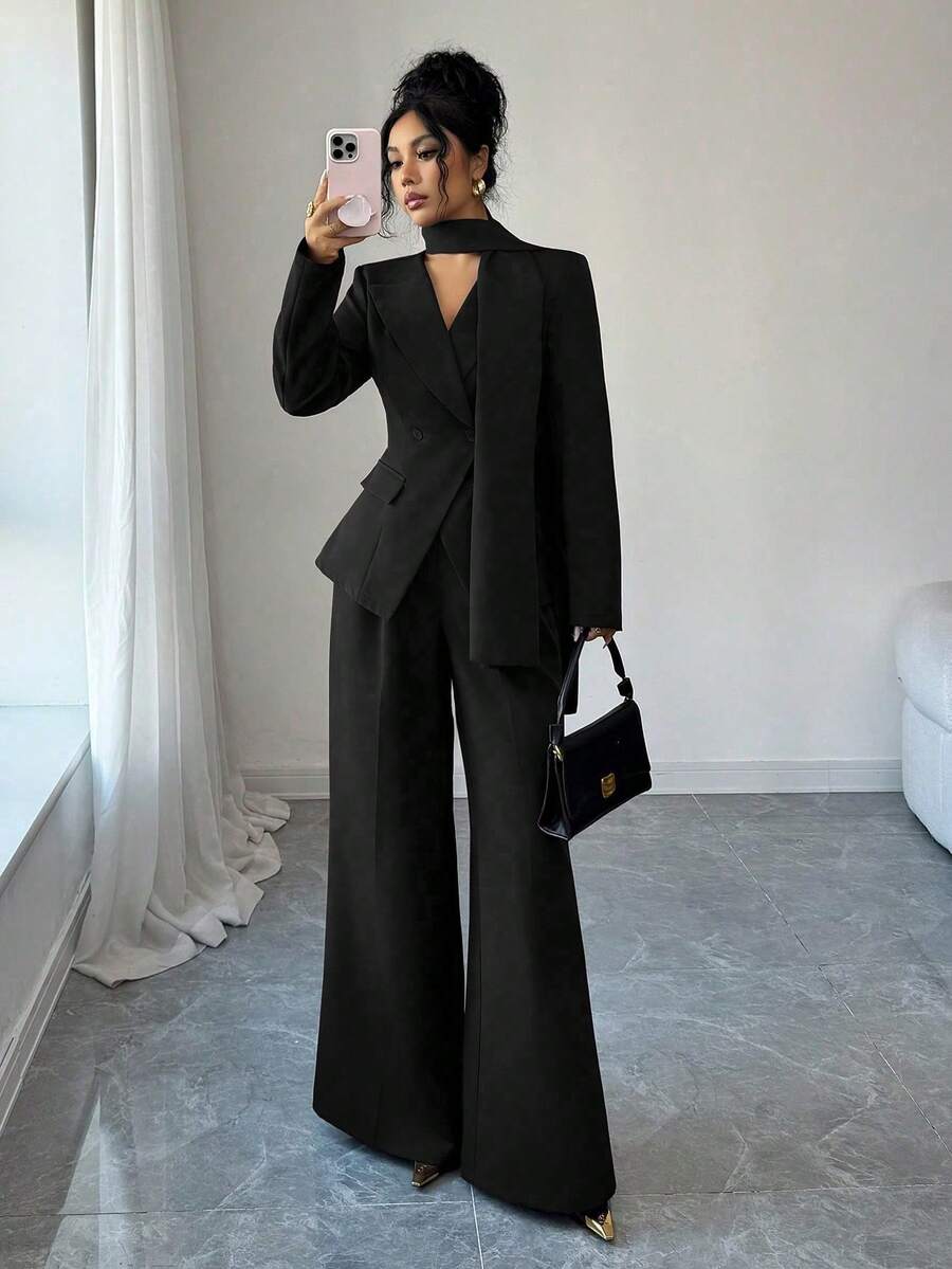 SHEIN Elenzya Women's Solid Color Minimalist Daily Wear Long Sleeve Top And Pants Suit - Black - View 1
