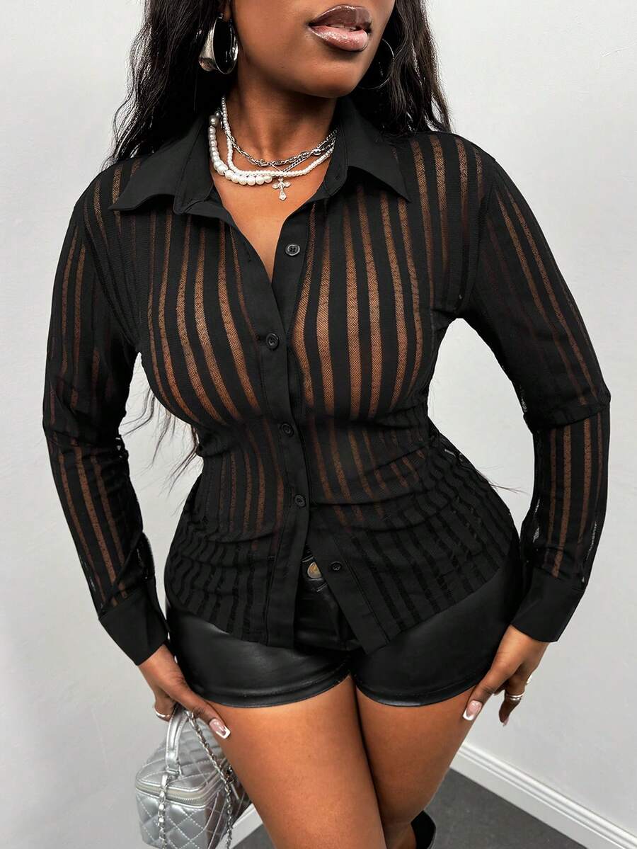 Glyssa Women's Black Striped Semi-Sheer Collared Button-Up Waist Cinching Casual Minimalist Sexy Alluring Sensual Valentine's Day Party Outfit Black Shirt - Black - View 1