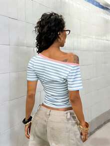 SHEIN LUNE Plus Size Women's Fashion Casual Striped Asymmetrical Shoulder T-Shirt - Multicolor - View 2