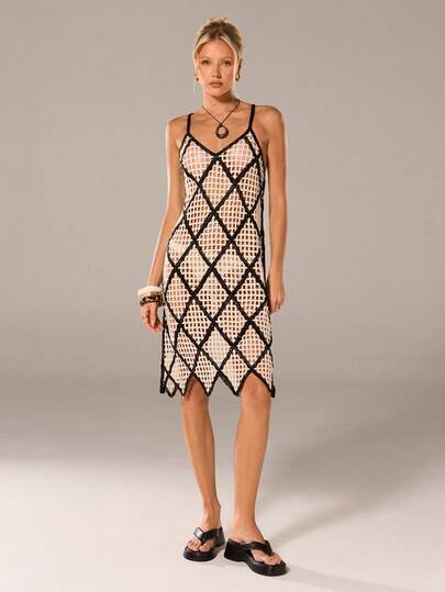 Avantive Black And White Checkered Woolen Long Dress With Openwork Design, Suitable For Two Wears As An Outer Garment Summer Spring Outfit Women Festival Beach Casual Holiday Outfits Formal Country Concert Outfit Beach Party Going Out