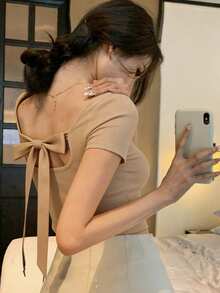 DAZY Women's Summer Backless Tie-Up Bow Sexy Casual Short Sleeve T-Shirt - Apricot - View 4