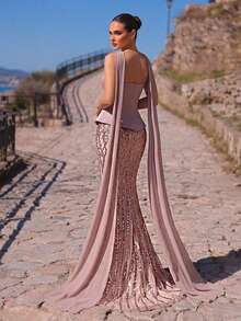 Glamrae 优雅奢华迷人亮片领白色3D手工串珠美人鱼尾礼服，带拖尾，适合婚礼、派对、晚宴、正式场合（极具装饰性） - 藕粉色 - 查看 5