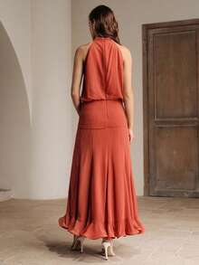 Anewsta Spring/Summer New Holiday Party Halter Sleeveless Detachable Floral Decor Waist Splice Ruffle Hem Romantic Elegant Maxi Dress For Women - Coral Orange - View 2