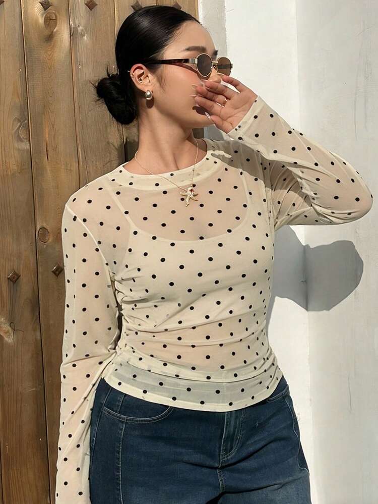Dazy Plus Plus Size Women Casual Polka Dot Print Long Sleeve T-Shirt