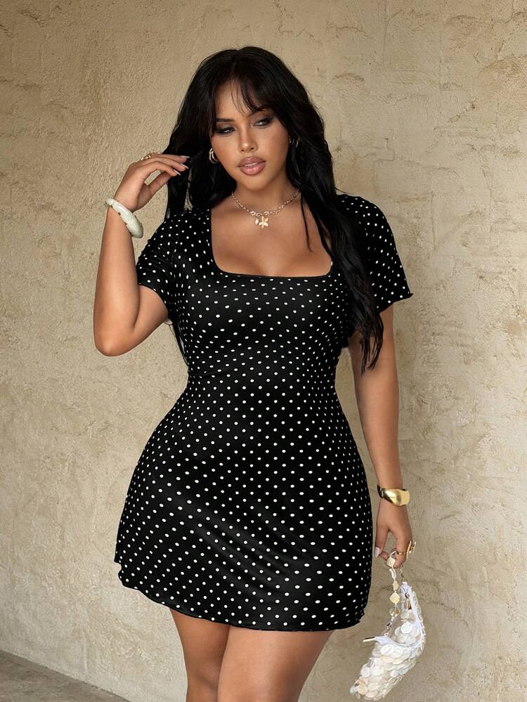 Vestido mini ajustado de manga corta con estampado de lunares negros para mujer de talla grande, diseño con lazo en la espalda, vestido romántico, atuendo de fiesta, elegante, estilo negro chic, vestido de primavera a la moda, estilo escolar, vestido de verano, diseño gótico, vestido de vacaciones, festival de música, tirantes finos para primavera/verano, ropa de primavera/verano + Coachella/Festival de música/Fiesta - Multicolor - Añade 4