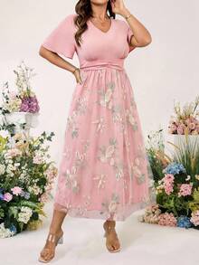 Cravure Vestido corto de manga corta elegante con bordado floral de talla grande - Rosa - Ver 6