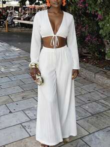 Slaydiva New Early Spring, Spring And Summer Music Festival, Valentine's Day, Easter, Bohemian Style, Nomadic Style, Casual, Simple And Basic, Cruise Party, Birthday Party, Daily Date, Casual Vacation, Elegant Commuting, V-Neck, Shoulder Sleeve, Long Sleeve, Hem, Tie, Ultra-Short Top + Wide-Leg Pants, Pocket Pants, Elastic Waist, White Suit, Women's Two Pieces Set -A White Two Piece Set Women Pants Sets Two Piece Vacation Outfits Women 2 Piece Set - White - View 7