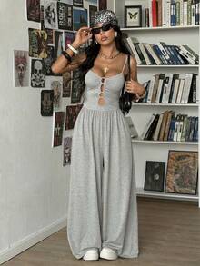 StreetHx Bộ jumpsuit nữ màu đen dáng tối giản với họa tiết hình tròn rỗng, thích hợp cho mùa xuân và mùa thu, trang phục mùa hè cho nữ, áo liền quần nữ mùa hè. - Xám - Xem 4