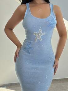 Vassilux Đầm ôm sát cổ vuông đính sequin hình sao biển tay dài cho kỳ nghỉ xuân/hè - Màu xanh nhạt - Xem 6