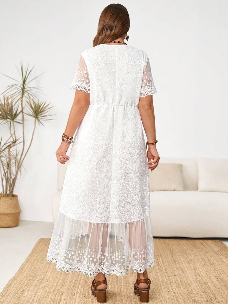 Plus Size Elegant Plus Size White Eyelet Lace Dress For Women V Neck Short Sleeve High Low Hem Casual Summer Outfit Summer Outfit For Plus Size Women Festival Outfits For Plus Size Women Beach Outfits For Plus Size Women Vacation Outfits Plus Size  Women Country Concert Outfit  Boho Outfit