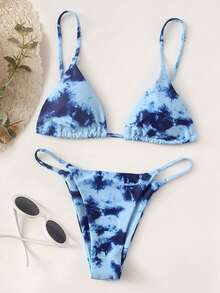 Swim Vcay Summer Beach Tie Dye Bikini Set Triangle Bra & Tanga Bottom 2 Piece Bathing Suit - Blue - View 2