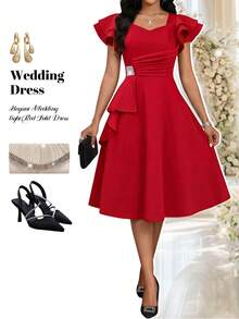 Fleurora Vestido de verano elegante de mujer con volantes y adornos de strass en la cintura - Rojo - Ver 4