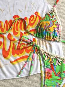 SHEIN Swim Vcay Women's Letter & Abstract Print High Saturation Bikini Set With Coconut Tree Painting, Sweet & Cute Beach Party Vacation Style 3 PiecesBikini Set - Multicolor - View 4