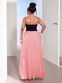 Maweii 大码女士夏季新款V领长裙，粉黑撞色设计，收腰显瘦，褶皱喇叭裙摆，优雅鸡尾酒会礼服，适合晚宴/婚礼/约会 - 彩色 - 查看 2