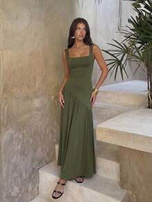 Bonvoyette 时尚女士橄榄绿褶皱吊带连衣裙 - 橄欖綠 - 查看 2